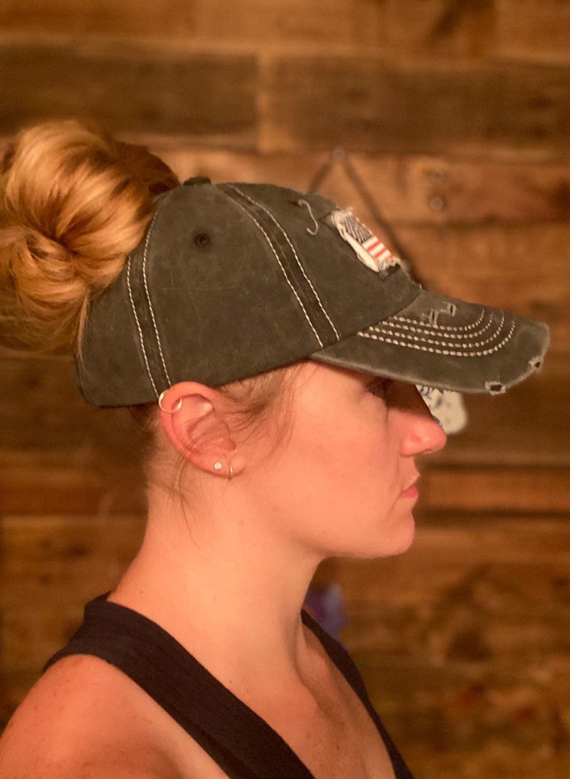 Pogah Distressed Ponytail Hat for Women American-Flag Pony Tail Caps High Bun Black - Image 2